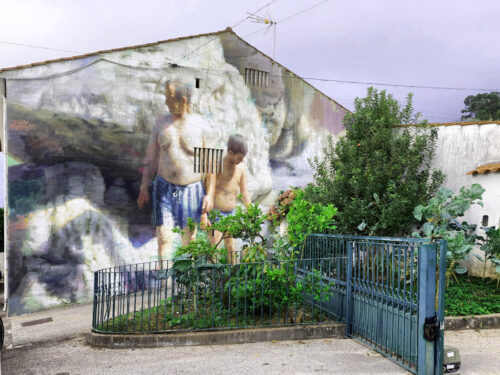 Gemälde, Hausfassaden, Figueiero dos Vinhos, Vater und Sohn, Goladinha, Portugal