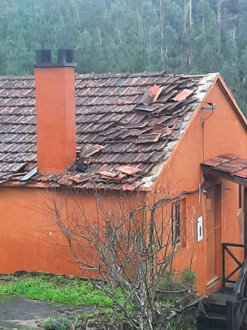 Sturm, Goladinha, Regen, Windböen, Portugal, Korkeichen, Hausdächer, Dachziegel